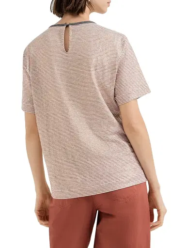 Brunello Cucinelli Women's Striped Linen Jersey T-Shirt with Shiny Trim - Orange | Thumbnail 3