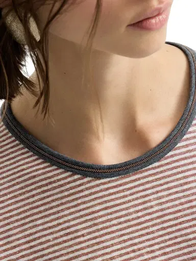 Brunello Cucinelli Women's Striped Linen Jersey T-Shirt with Shiny Trim - Orange | Thumbnail 4