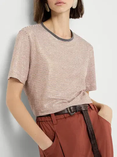 Brunello Cucinelli Women's Striped Linen Jersey T-Shirt with Shiny Trim - Orange | Thumbnail 5