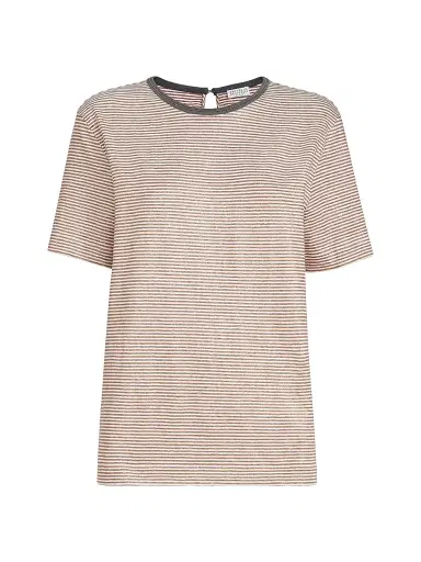 Brunello Cucinelli Women's Striped Linen Jersey T-Shirt with Shiny Trim - Orange | Thumbnail 1