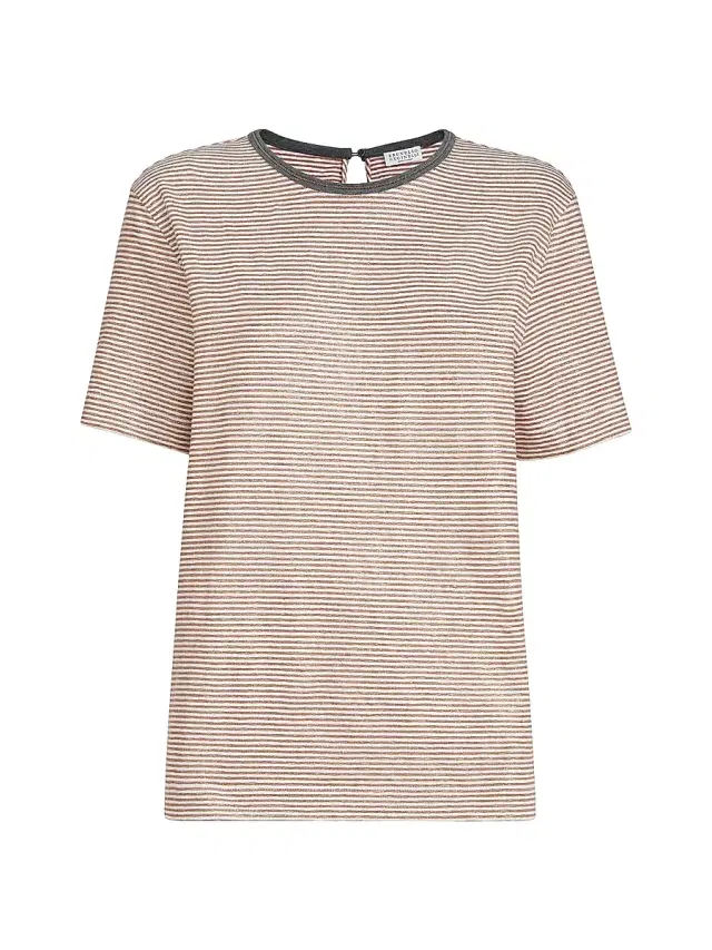 Brunello Cucinelli Women's Striped Linen Jersey T-Shirt with Shiny Trim - Orange