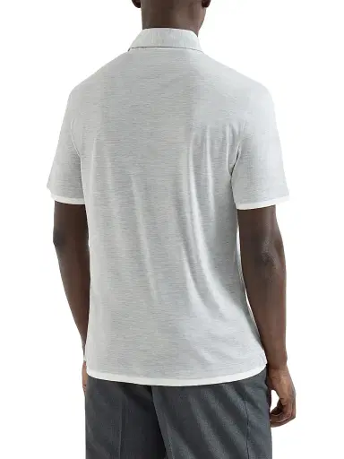 Brunello Cucinelli Men's Silk and Cotton Jersey Shirt Style Collar Polo with Faux Layering - Pearl Grey | Thumbnail 3 Brunello Cucinelli Men's Silk and Cotton Jersey Shirt Style Collar Polo with Faux Layering - Pearl Grey | Thumbnail 3