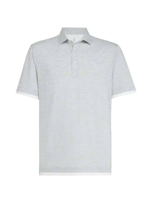 Brunello Cucinelli Men's Silk and Cotton Jersey Shirt Style Collar Polo with Faux Layering - Pearl Grey