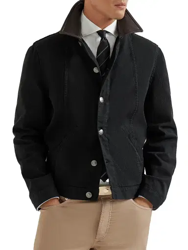 Brunello Cucinelli Men's Garment Dyed Outerwear Jacket in Comfort Cotton Lightweight Denim - Black - Size 38 | Thumbnail 2 Brunello Cucinelli Men's Garment Dyed Outerwear Jacket in Comfort Cotton Lightweight Denim - Black - Size 38 | Thumbnail 2