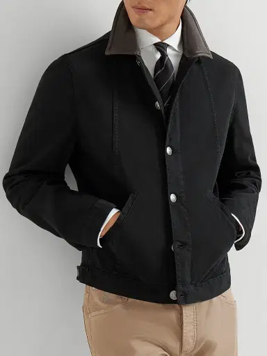 Brunello Cucinelli Men's Garment Dyed Outerwear Jacket in Comfort Cotton Lightweight Denim - Black - Size 38 | Thumbnail 5 Brunello Cucinelli Men's Garment Dyed Outerwear Jacket in Comfort Cotton Lightweight Denim - Black - Size 38 | Thumbnail 5