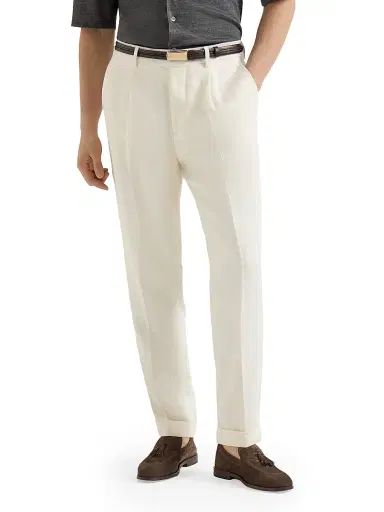 Brunello Cucinelli Men's Silk, Linen and Wool Hopsack Pleated Trousers - Off White | Thumbnail 2 Brunello Cucinelli Men's Silk, Linen and Wool Hopsack Pleated Trousers - Off White | Thumbnail 2