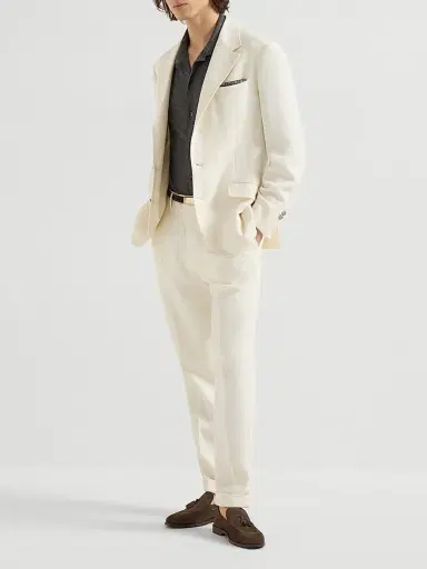 Brunello Cucinelli Men's Silk, Linen and Wool Hopsack Pleated Trousers - Off White | Thumbnail 6 Brunello Cucinelli Men's Silk, Linen and Wool Hopsack Pleated Trousers - Off White | Thumbnail 6