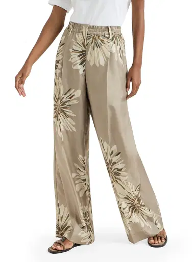 Brunello Cucinelli Women's Silk Bloom Print Pongee Sartorial Track Trousers with Monili | Thumbnail 2 Brunello Cucinelli Women's Silk Bloom Print Pongee Sartorial Track Trousers with Monili | Thumbnail 2