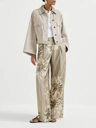 Brunello Cucinelli Women's Silk Bloom Print Pongee Sartorial Track Trousers with Monili | Thumbnail 6 Brunello Cucinelli Women's Silk Bloom Print Pongee Sartorial Track Trousers with Monili | Thumbnail 6