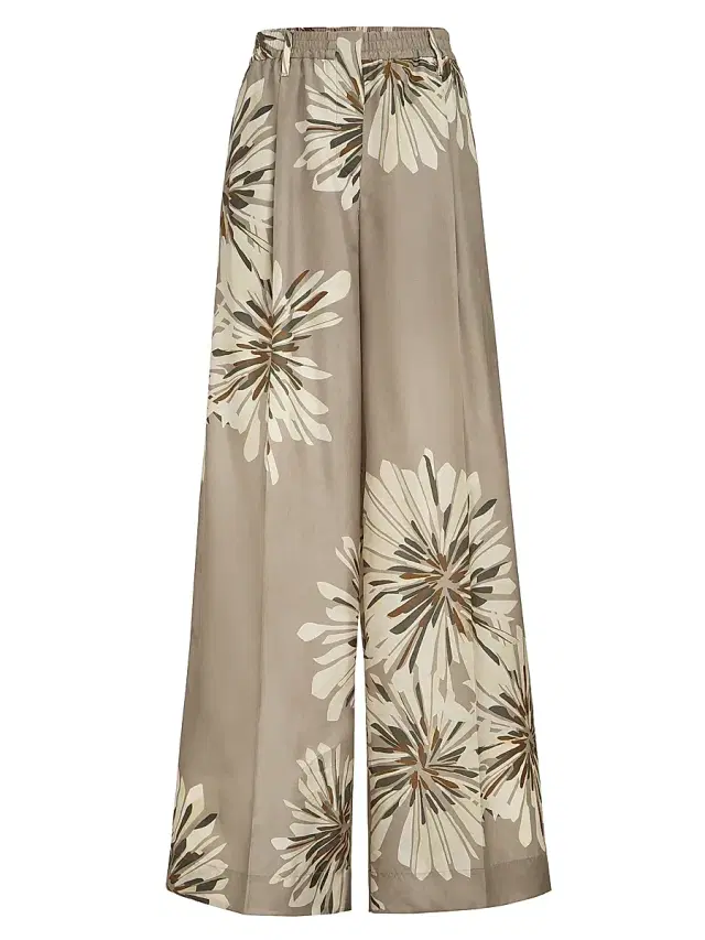 Brunello Cucinelli Women's Silk Bloom Print Pongee Sartorial Track Trousers with Monili
