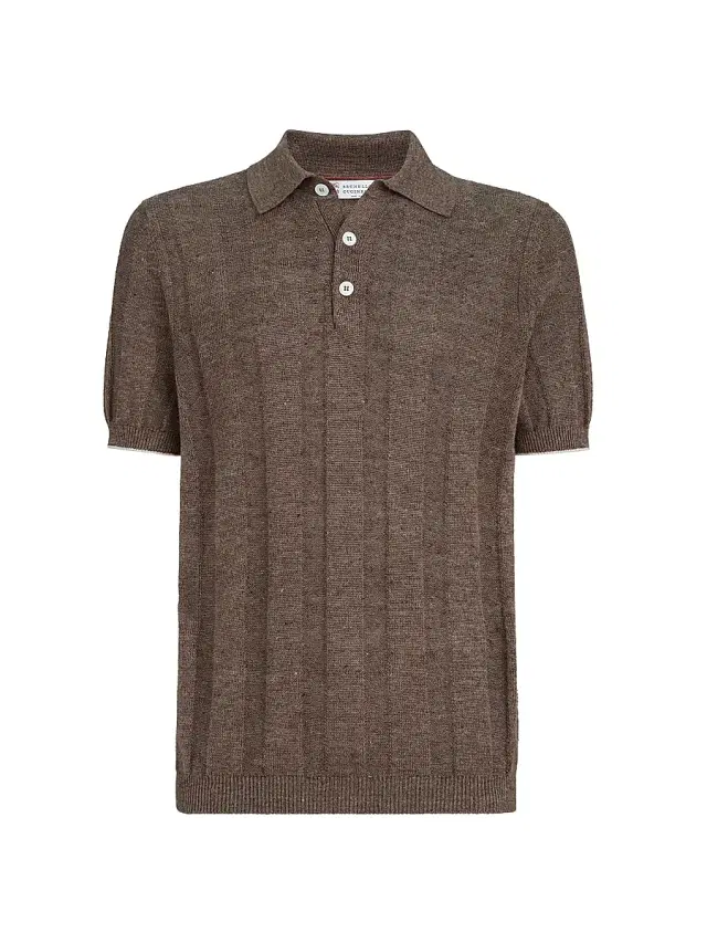Brunello Cucinelli Men's Linen and Cotton Wide Rib Knit Polo Shirt - Hazelnut