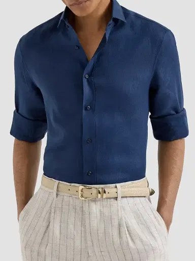 Brunello Cucinelli Men's Linen Easy Fit Shirt with Spread Collar | Thumbnail 4 Brunello Cucinelli Men's Linen Easy Fit Shirt with Spread Collar | Thumbnail 4