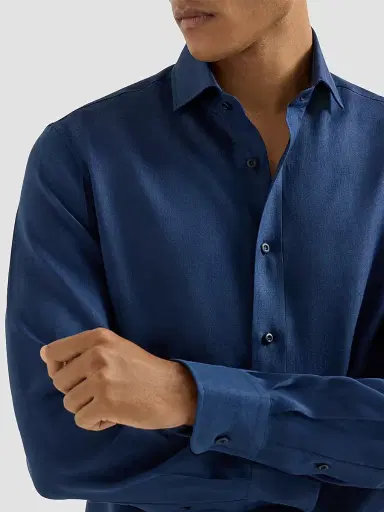 Brunello Cucinelli Men's Linen Easy Fit Shirt with Spread Collar | Thumbnail 5 Brunello Cucinelli Men's Linen Easy Fit Shirt with Spread Collar | Thumbnail 5