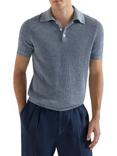 Brunello Cucinelli Men's Linen and Cotton Half English Rib Knit Polo Shirt - Slate | Thumbnail 2 Brunello Cucinelli Men's Linen and Cotton Half English Rib Knit Polo Shirt - Slate | Thumbnail 2