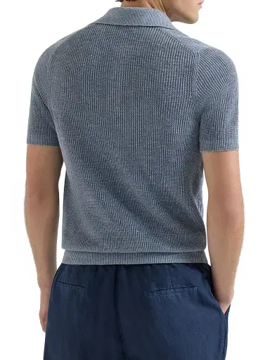 Brunello Cucinelli Men's Linen and Cotton Half English Rib Knit Polo Shirt - Slate | Thumbnail 3 Brunello Cucinelli Men's Linen and Cotton Half English Rib Knit Polo Shirt - Slate | Thumbnail 3