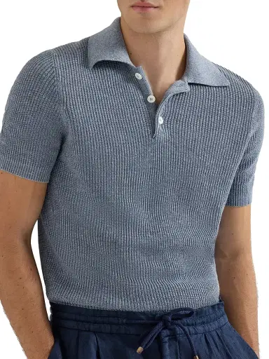 Brunello Cucinelli Men's Linen and Cotton Half English Rib Knit Polo Shirt - Slate | Thumbnail 4 Brunello Cucinelli Men's Linen and Cotton Half English Rib Knit Polo Shirt - Slate | Thumbnail 4
