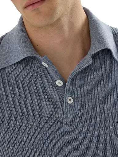 Brunello Cucinelli Men's Linen and Cotton Half English Rib Knit Polo Shirt - Slate | Thumbnail 5 Brunello Cucinelli Men's Linen and Cotton Half English Rib Knit Polo Shirt - Slate | Thumbnail 5