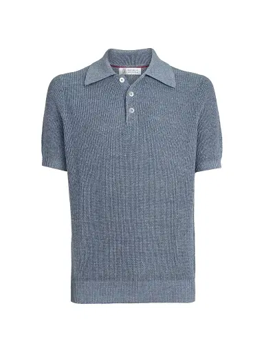 Brunello Cucinelli Men's Linen and Cotton Half English Rib Knit Polo Shirt - Slate | Thumbnail 1 Brunello Cucinelli Men's Linen and Cotton Half English Rib Knit Polo Shirt - Slate | Thumbnail 1