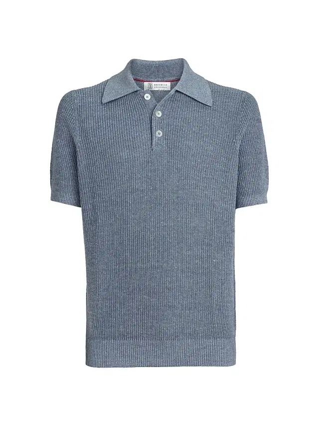 Brunello Cucinelli Men's Linen and Cotton Half English Rib Knit Polo Shirt - Slate
