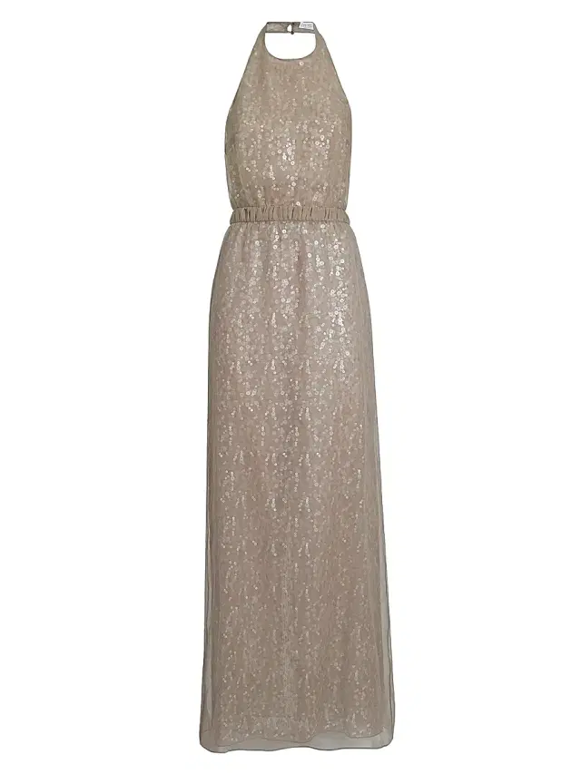 Brunello Cucinelli Women's Dazzling Mirage Embroidery Halterneck Dress in Crispy Silk - Rope