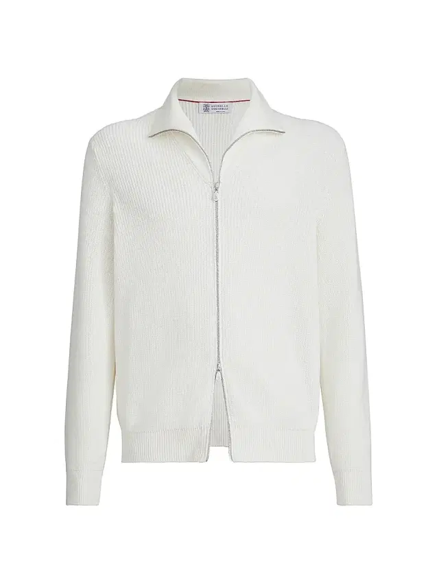 Brunello Cucinelli Men's Cotton Half English Rib Cardigan with Zipper - Panama