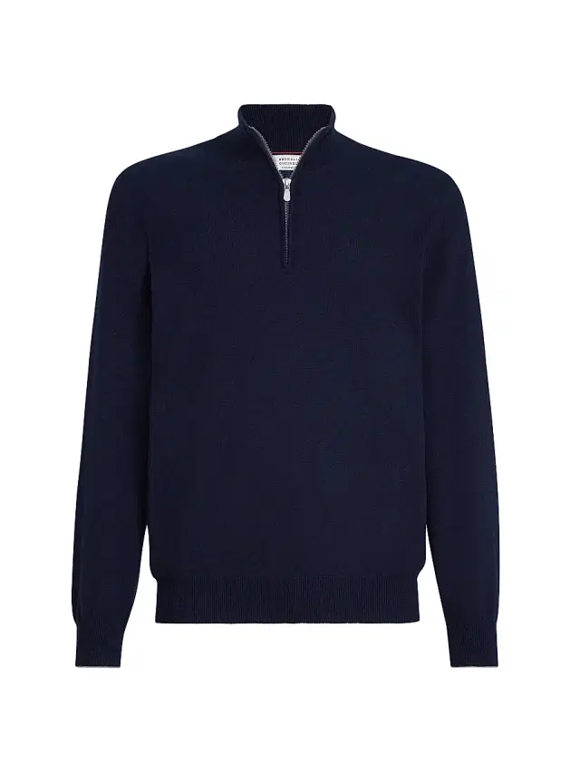 Brunello Cucinelli Men's Cashmere Sweater with Half Zip - Navy Blue