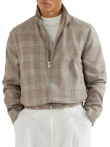 Brunello Cucinelli Men's Wool, Silk and Linen Tartan Outerwear Jacket with Stand Collar | Thumbnail 5 Brunello Cucinelli Men's Wool, Silk and Linen Tartan Outerwear Jacket with Stand Collar | Thumbnail 5