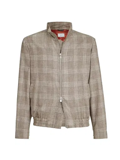 Brunello Cucinelli Men's Wool, Silk and Linen Tartan Outerwear Jacket with Stand Collar | Thumbnail 1 Brunello Cucinelli Men's Wool, Silk and Linen Tartan Outerwear Jacket with Stand Collar | Thumbnail 1