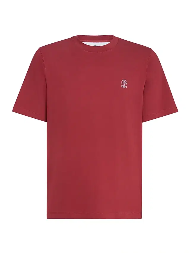 Brunello Cucinelli Men's Cotton Jersey Crew-Neck T-Shirt with Logo - Cherry