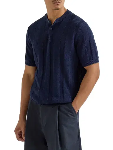 Brunello Cucinelli Men's Linen and Cotton Textured Rib Knit T-Shirt with Henley Collar | Thumbnail 2 Brunello Cucinelli Men's Linen and Cotton Textured Rib Knit T-Shirt with Henley Collar | Thumbnail 2