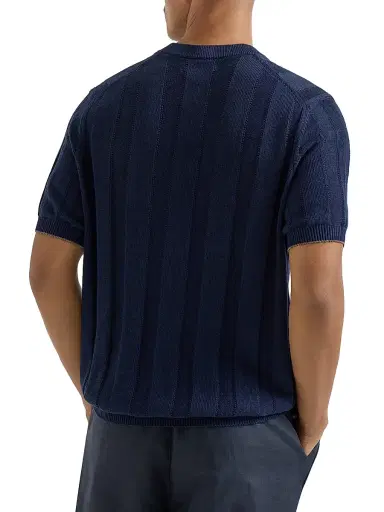Brunello Cucinelli Men's Linen and Cotton Textured Rib Knit T-Shirt with Henley Collar | Thumbnail 3 Brunello Cucinelli Men's Linen and Cotton Textured Rib Knit T-Shirt with Henley Collar | Thumbnail 3
