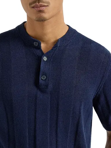 Brunello Cucinelli Men's Linen and Cotton Textured Rib Knit T-Shirt with Henley Collar | Thumbnail 4 Brunello Cucinelli Men's Linen and Cotton Textured Rib Knit T-Shirt with Henley Collar | Thumbnail 4