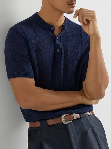 Brunello Cucinelli Men's Linen and Cotton Textured Rib Knit T-Shirt with Henley Collar | Thumbnail 5 Brunello Cucinelli Men's Linen and Cotton Textured Rib Knit T-Shirt with Henley Collar | Thumbnail 5