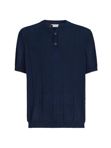 Brunello Cucinelli Men's Linen and Cotton Textured Rib Knit T-Shirt with Henley Collar | Thumbnail 1 Brunello Cucinelli Men's Linen and Cotton Textured Rib Knit T-Shirt with Henley Collar | Thumbnail 1