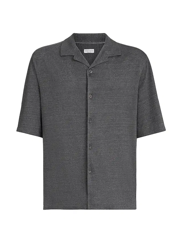 Brunello Cucinelli Men's Linen and Cotton Mélange Jersey Short Sleeve Shirt with Camp Collar - Medium Grey