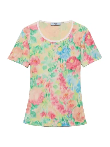 Prada Women's Printed Ribbed Knit Cotton T-Shirt - Green Multi | Thumbnail 1 Prada Women's Printed Ribbed Knit Cotton T-Shirt - Green Multi | Thumbnail 1