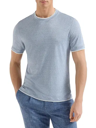 Brunello Cucinelli Men's Linen and Cotton Jersey Crew Neck T-Shirt with Faux Layering | Thumbnail 2