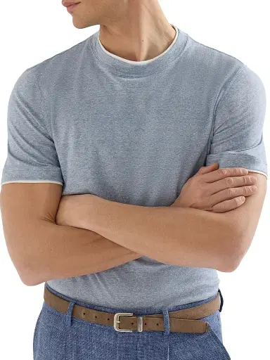 Brunello Cucinelli Men's Linen and Cotton Jersey Crew Neck T-Shirt with Faux Layering | Thumbnail 4