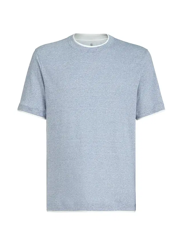 Brunello Cucinelli Men's Linen and Cotton Jersey Crew Neck T-Shirt with Faux Layering - Slate