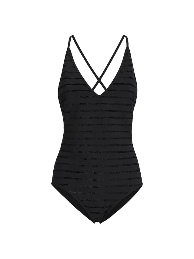 Brunello Cucinelli Women's Dazzling Stripes Bathing Suit in Techno Jersey - Lignite