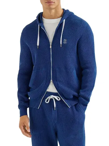 Brunello Cucinelli Men's Cotton English Rib Knit Hooded Sweatshirt with Logo and Zipper | Thumbnail 2