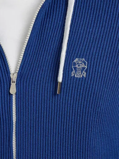 Brunello Cucinelli Men's Cotton English Rib Knit Hooded Sweatshirt with Logo and Zipper | Thumbnail 5