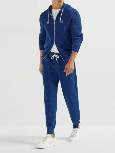 Brunello Cucinelli Men's Cotton English Rib Knit Hooded Sweatshirt with Logo and Zipper | Thumbnail 6