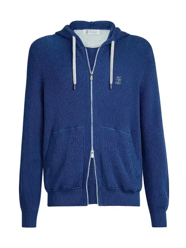 Brunello Cucinelli Men's Cotton English Rib Knit Hooded Sweatshirt with Logo and Zipper | Thumbnail 1