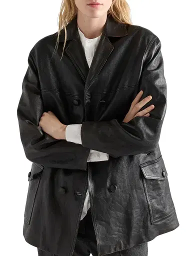 Prada Women's Double-Breasted Nappa Leather Caban Jacket - Black | Thumbnail 2 Prada Women's Double-Breasted Nappa Leather Caban Jacket - Black | Thumbnail 2