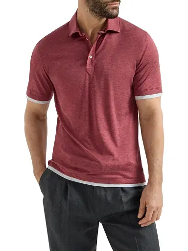 Brunello Cucinelli Men's Silk and Cotton Jersey Polo with Shirt Style Collar - Coral | Thumbnail 2