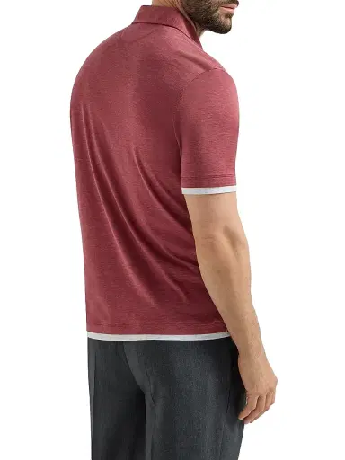 Brunello Cucinelli Men's Silk and Cotton Jersey Polo with Shirt Style Collar - Coral | Thumbnail 3