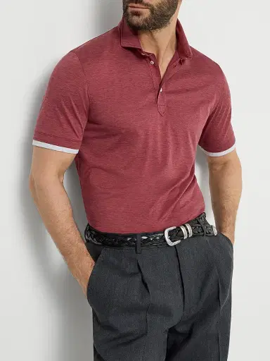 Brunello Cucinelli Men's Silk and Cotton Jersey Polo with Shirt Style Collar - Coral | Thumbnail 5