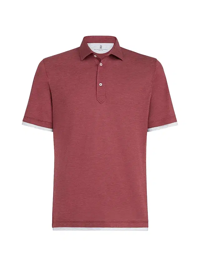 Brunello Cucinelli Men's Silk and Cotton Jersey Polo with Shirt Style Collar - Coral