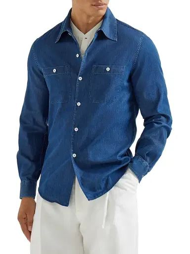 Brunello Cucinelli Men's Lightweight Denim Easy Fit Shirt with Chest Pockets - Dark Denim - Size Medium | Thumbnail 2